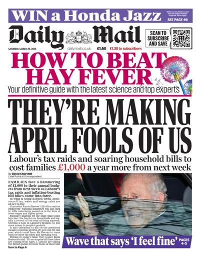 Daily Mail Newspaper Front Page (UK) for 29 March 2025