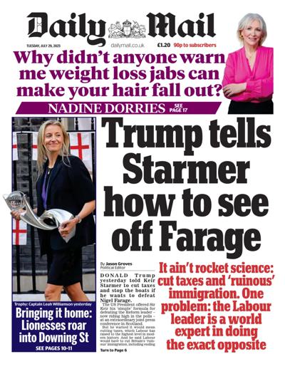 Daily Mail Newspaper Front Page (UK) for 29 July 2025