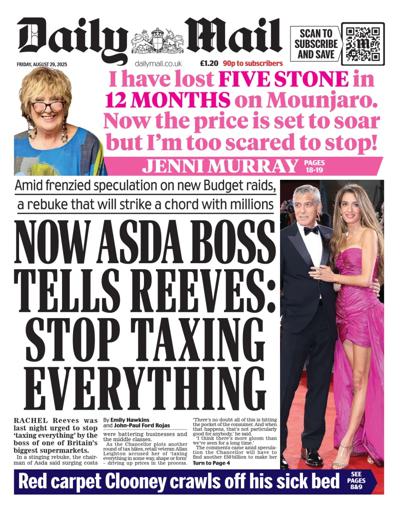 Daily Mail Newspaper Front Page (UK) for 29 August 2025