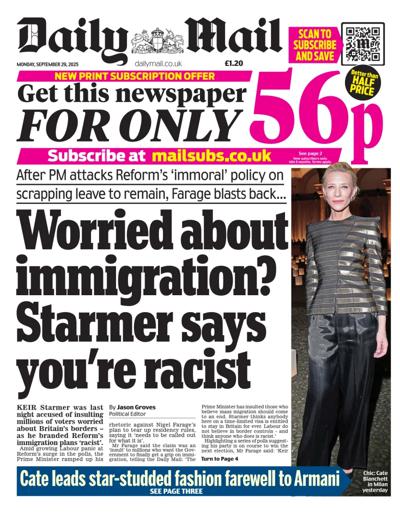 Daily Mail Newspaper Front Page (UK) for 29 September 2025