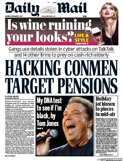 Daily Mail Newspaper Front Page (UK) for 2 November 2015