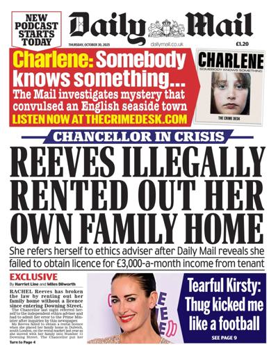 Daily Mail Newspaper Front Page (UK) for 30 October 2025