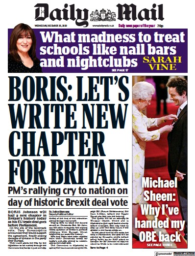 Daily Mail Newspaper Front Page (UK) for 30 December 2020