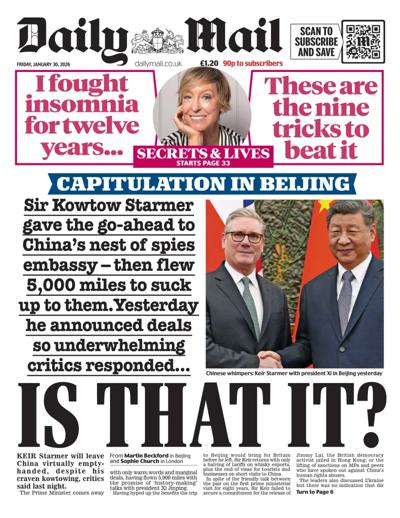Daily Mail Newspaper Front Page (UK) for 30 January 2026