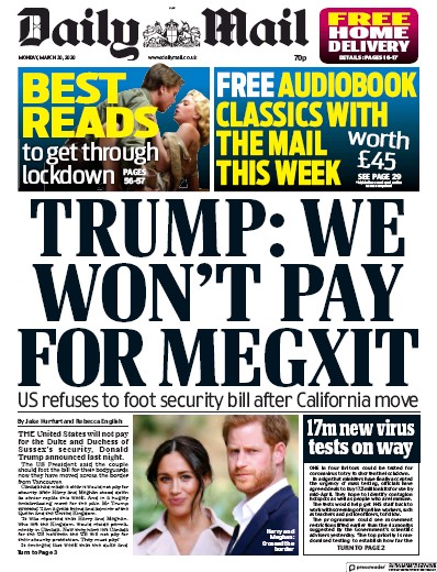 Daily Mail Newspaper Front Page (UK) for 30 March 2020