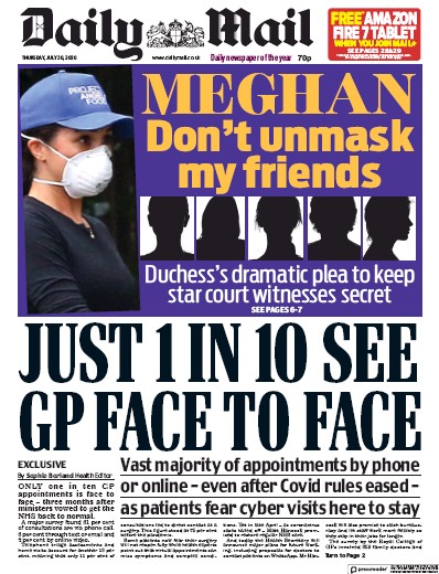 Daily Mail Newspaper Front Page (UK) for 30 July 2020