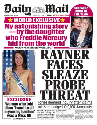 Daily Mail Newspaper Front Page (UK) for 30 August 2025