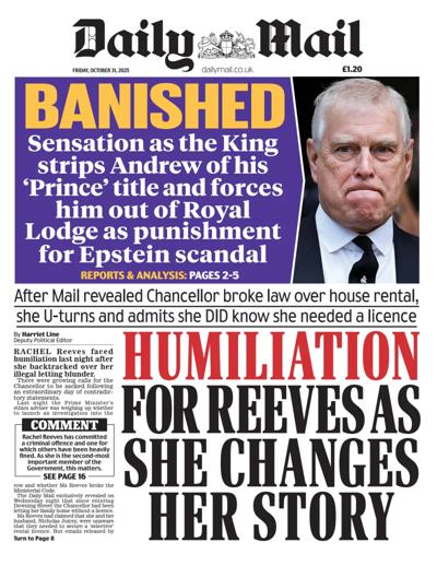 Daily Mail Newspaper Front Page (UK) for 31 October 2025