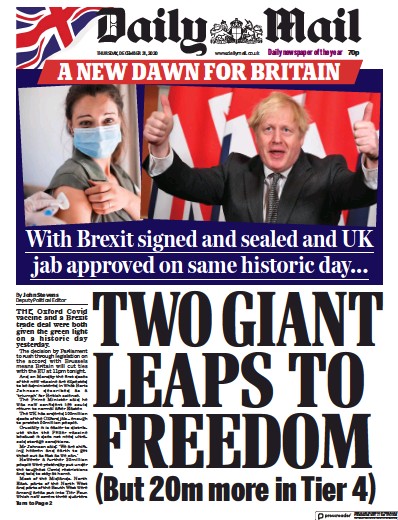 Daily Mail Newspaper Front Page (UK) for 31 December 2020