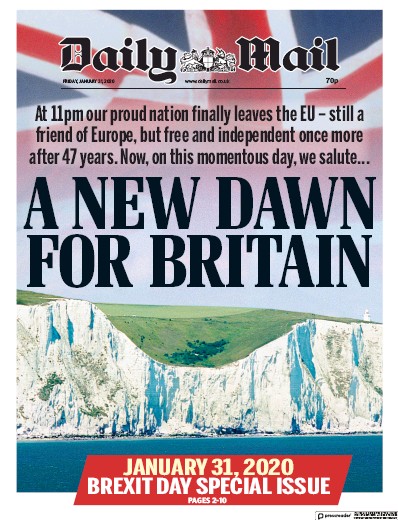 Daily Mail Newspaper Front Page (UK) for 31 January 2020