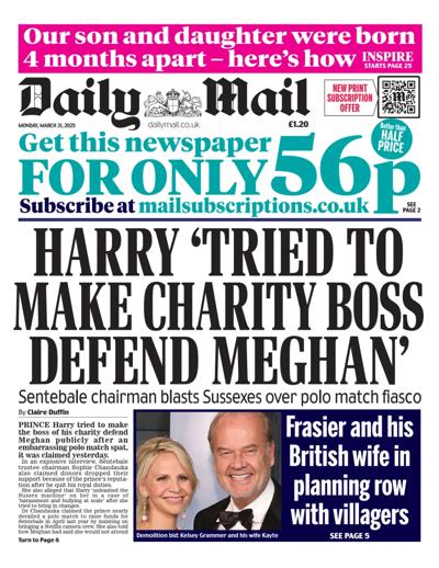 Daily Mail Newspaper Front Page (UK) for 31 March 2025