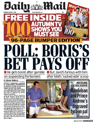 Daily Mail Newspaper Front Page (UK) for 31 August 2019