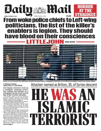 Daily Mail Newspaper Front Page (UK) for 3 October 2025
