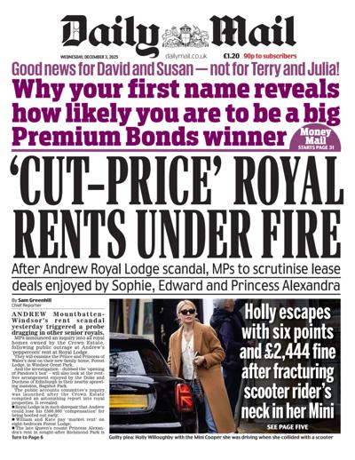 Daily Mail Newspaper Front Page (UK) for 3 December 2025