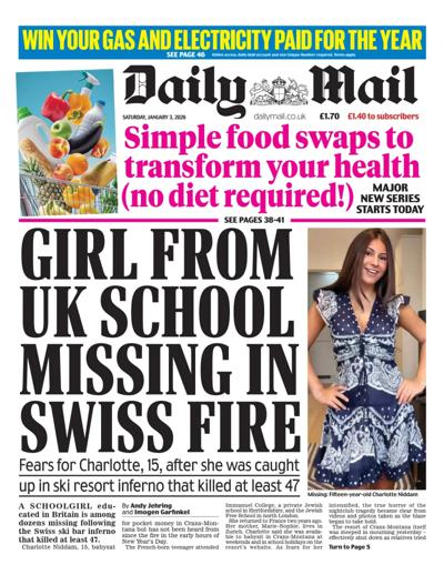 Daily Mail Newspaper Front Page (UK) for 3 January 2026
