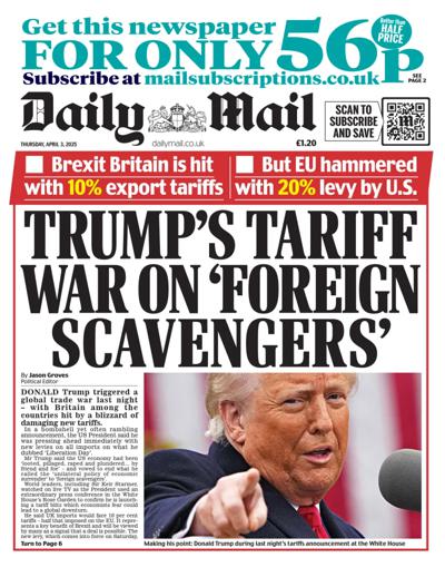 Daily Mail Newspaper Front Page (UK) for 3 April 2025