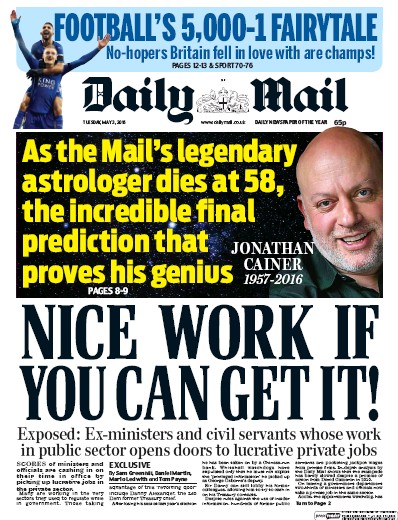 Daily Mail Newspaper Front Page (UK) for 3 May 2016