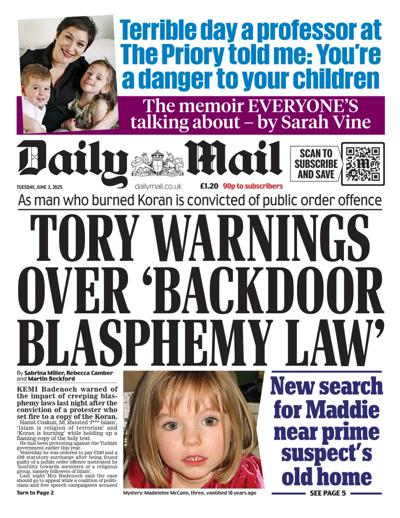 Daily Mail Newspaper Front Page (UK) for 3 June 2025