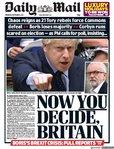 Daily Mail Newspaper Front Page (UK) for 4 September 2019