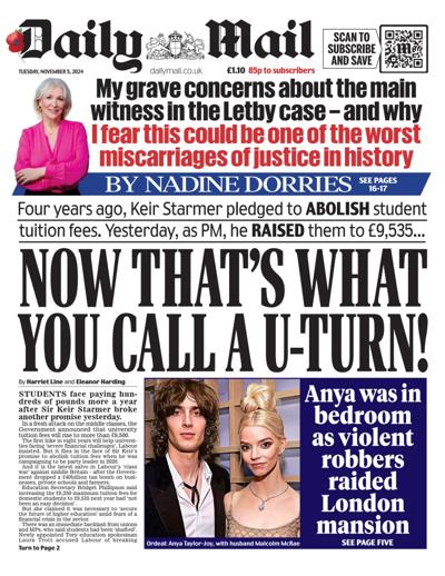 Daily Mail Newspaper Front Page (UK) for 5 November 2024