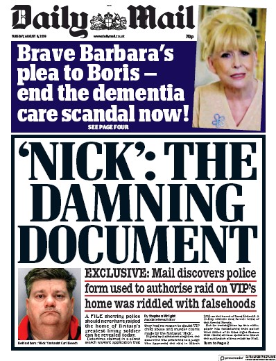 Daily Mail Newspaper Front Page (UK) for 6 August 2019