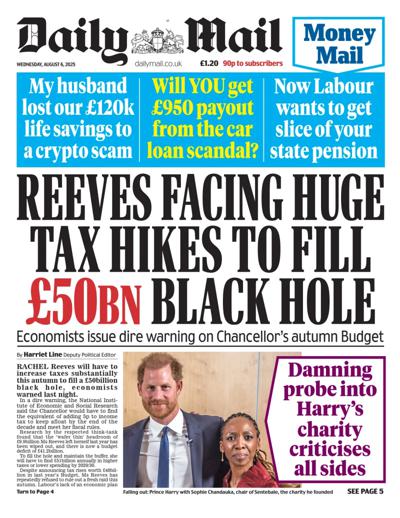 Daily Mail Newspaper Front Page (UK) for 6 August 2025