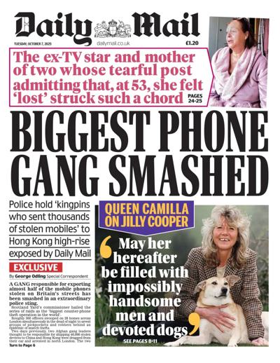 Daily Mail Newspaper Front Page (UK) for 7 October 2025