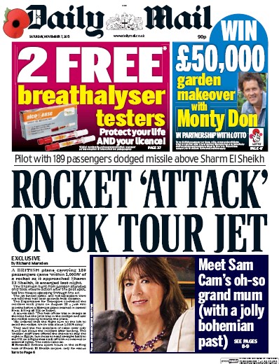 Daily Mail Newspaper Front Page (UK) for 7 November 2015