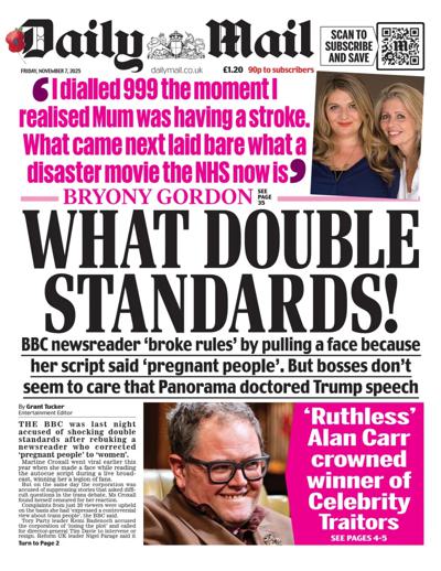 Daily Mail Newspaper Front Page (UK) for 7 November 2025