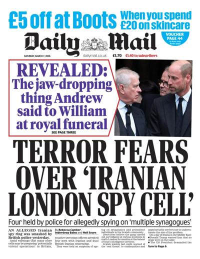 Daily Mail Newspaper Front Page (UK) for 7 March 2026