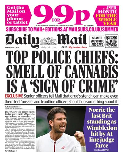 Daily Mail Newspaper Front Page (UK) for 7 July 2025