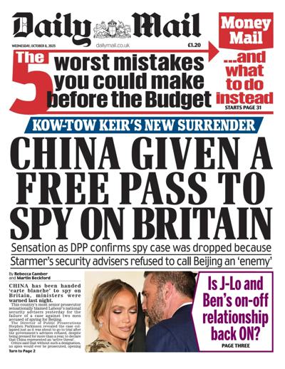 Daily Mail Newspaper Front Page (UK) for 8 October 2025