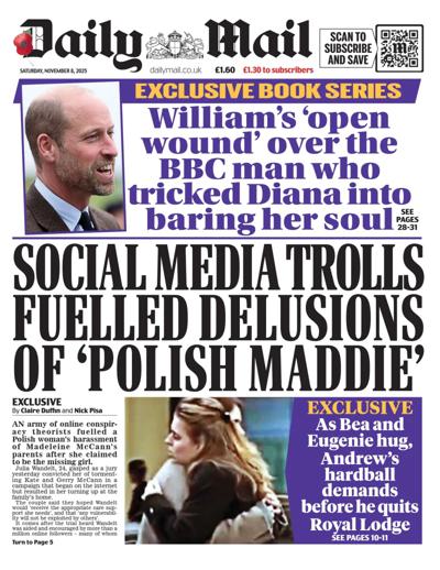 Daily Mail Newspaper Front Page (UK) for 8 November 2025