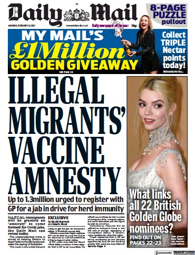 Daily Mail Newspaper Front Page (UK) for 8 February 2021