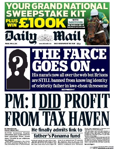 Daily Mail Newspaper Front Page (UK) for 8 April 2016