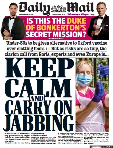 Daily Mail Newspaper Front Page (UK) for 8 April 2021