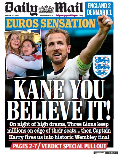 Daily Mail Newspaper Front Page (UK) for 8 July 2021