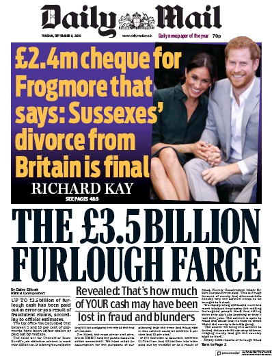 Daily Mail Newspaper Front Page (UK) for 8 September 2020