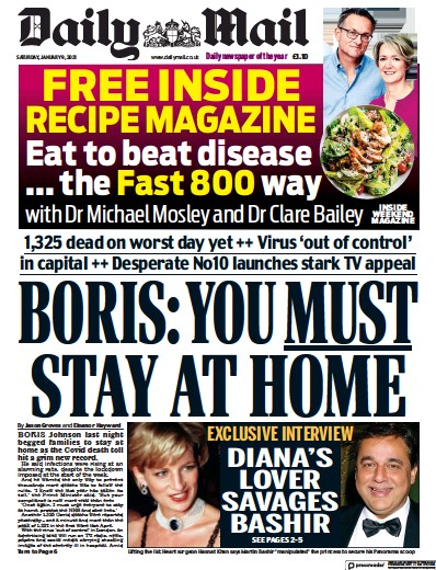 Daily Mail Newspaper Front Page (UK) for 9 January 2021