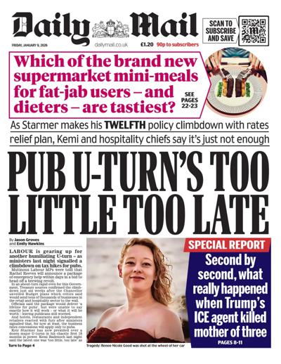 Daily Mail Newspaper Front Page (UK) for 9 January 2026