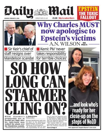 Daily Mail Newspaper Front Page (UK) for 9 February 2026