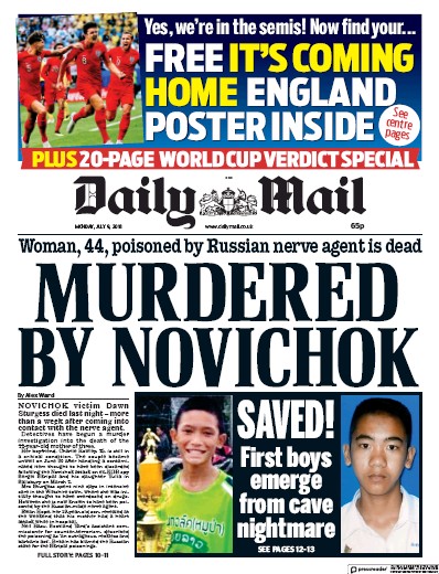 Daily Mail Newspaper Front Page (UK) for 9 July 2018