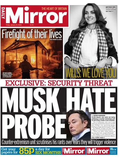 Daily Mirror Newspaper Front Page (UK) for 10 January 2025