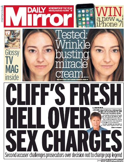 Daily Mirror Newspaper Front Page (UK) for 10 September 2016