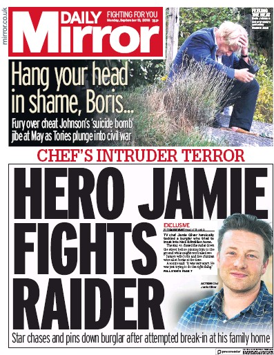 Daily Mirror Newspaper Front Page (UK) for 10 September 2018