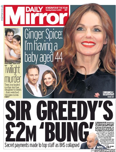 Daily Mirror Newspaper Front Page (UK) for 11 October 2016