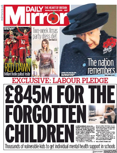 Daily Mirror Newspaper Front Page (UK) for 11 November 2019