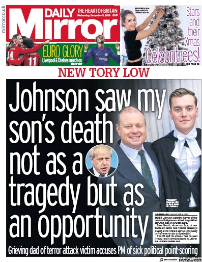 Daily Mirror Newspaper Front Page (UK) for 11 December 2019