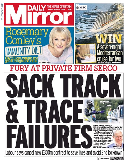 Daily Mirror Newspaper Front Page (UK) for 11 August 2020