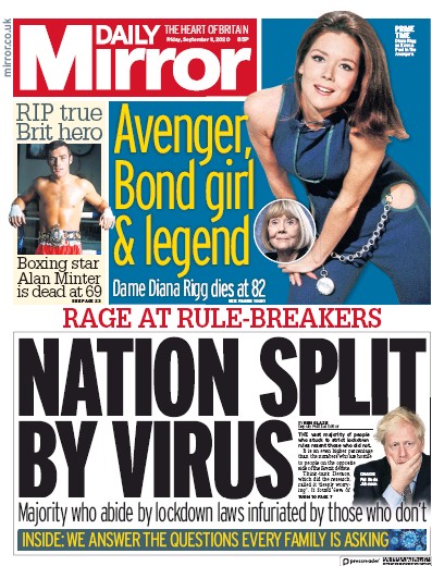 Daily Mirror Newspaper Front Page (UK) for 11 September 2020